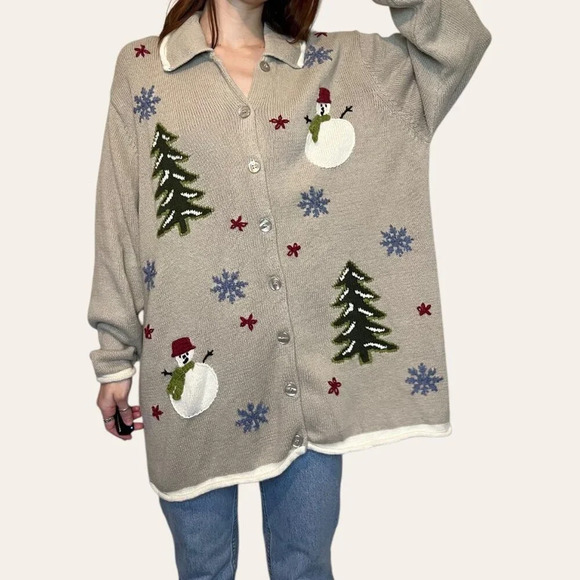 90s/2000s Vintage Knit Snowman Christmas Winter Cardigan Cherokee XXL/2X - Picture 2 of 8